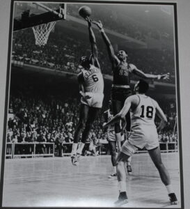 Greatest player rivalry in the history of the NBA. Bill Russell defending Wilt Chamberlain and his trademark "finger roll".
